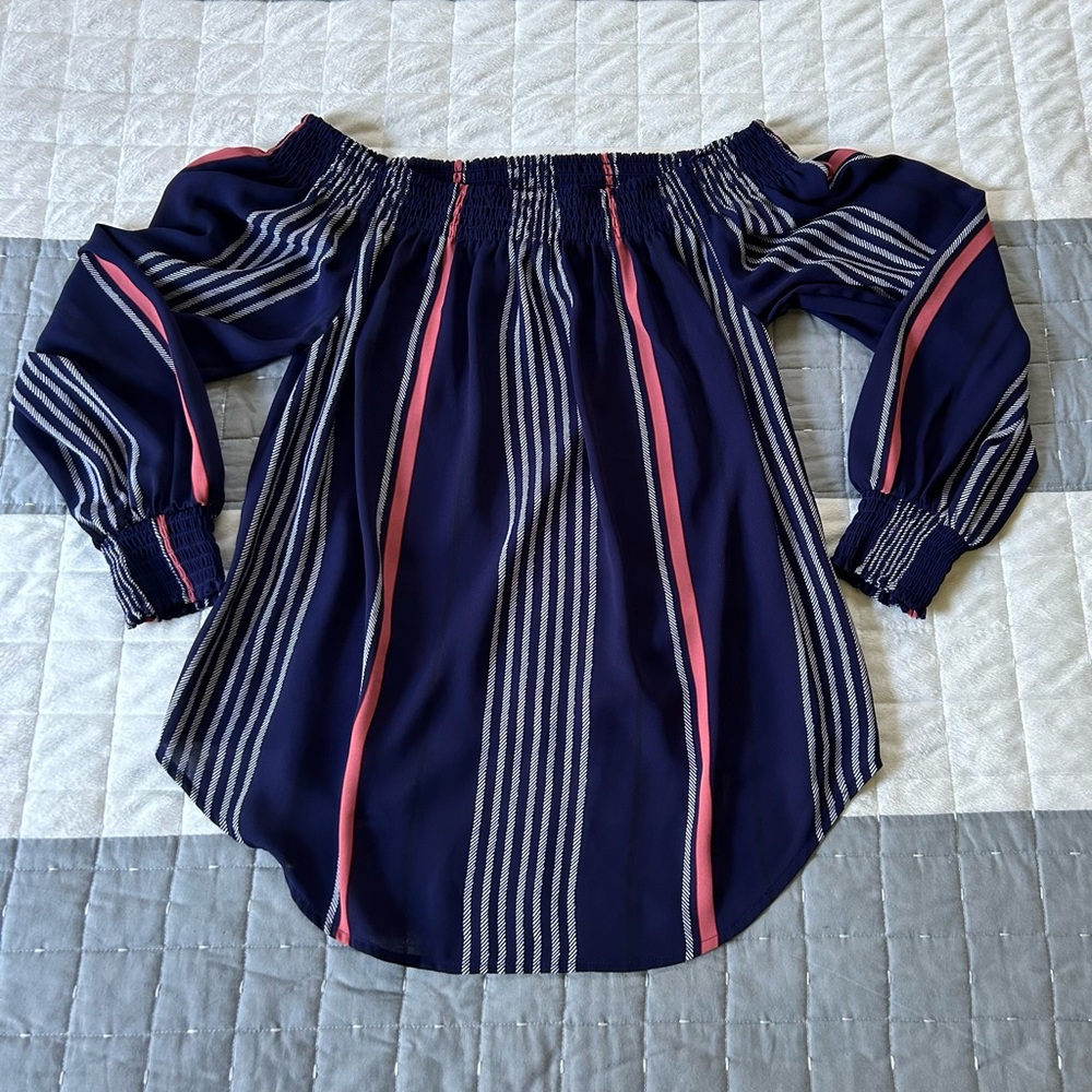 Express Blue and White Smocked Blouse 3/4 Sleeve